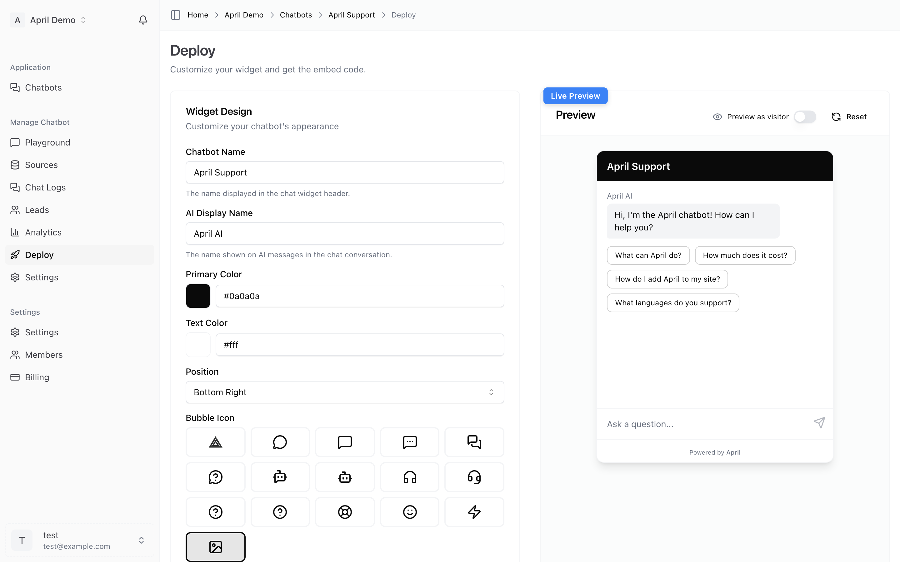 Deploy page — settings on left, live preview on right