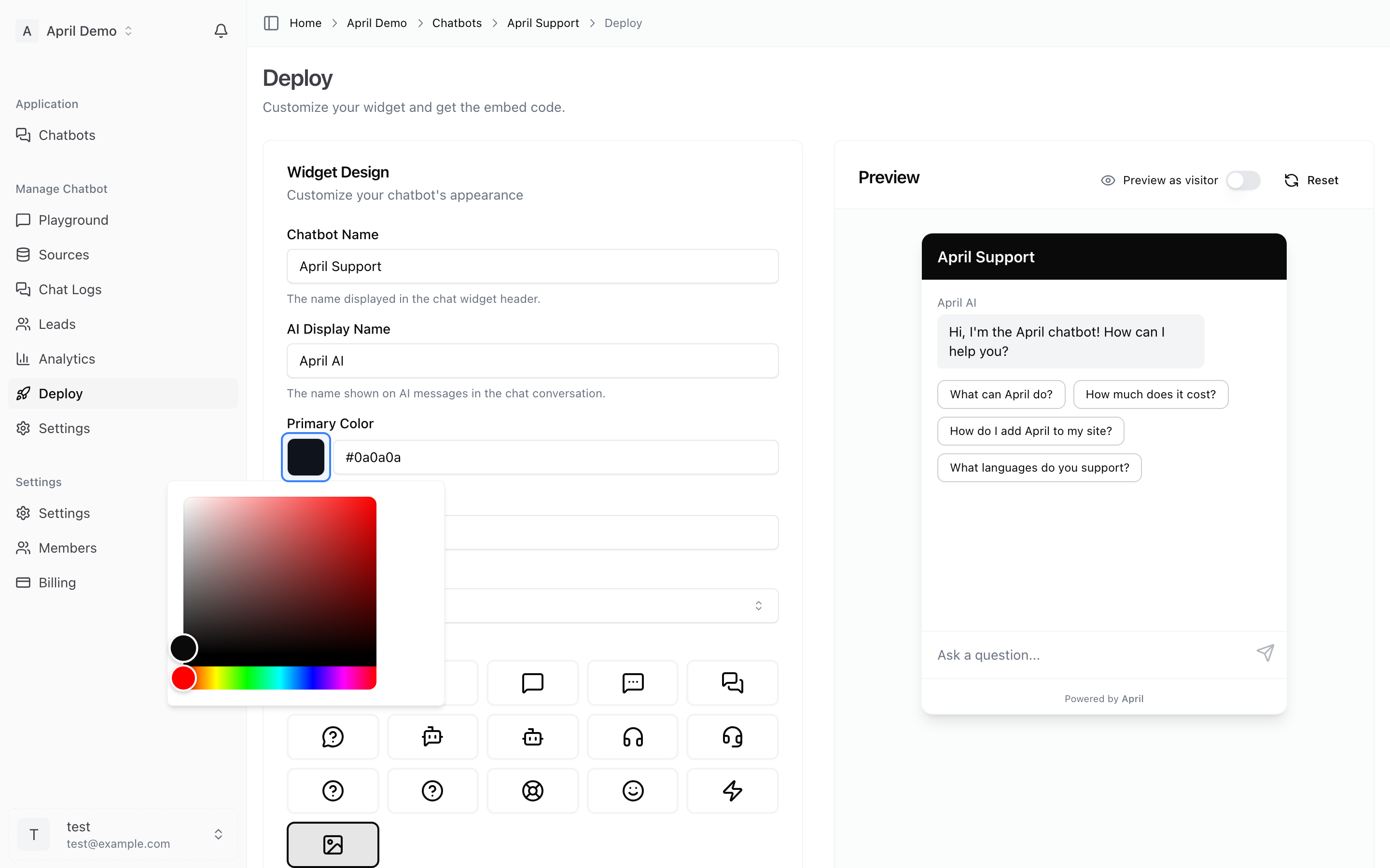 Color picker with live preview
