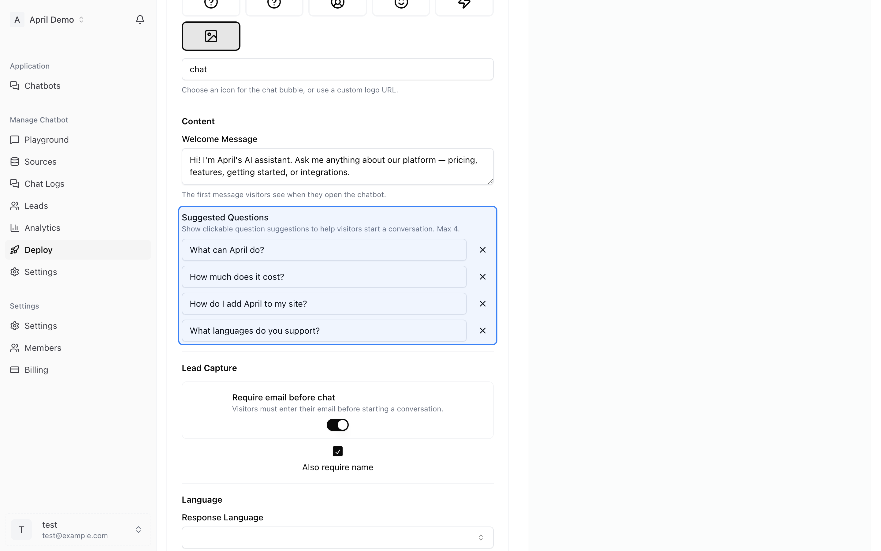 Suggested questions configuration and preview