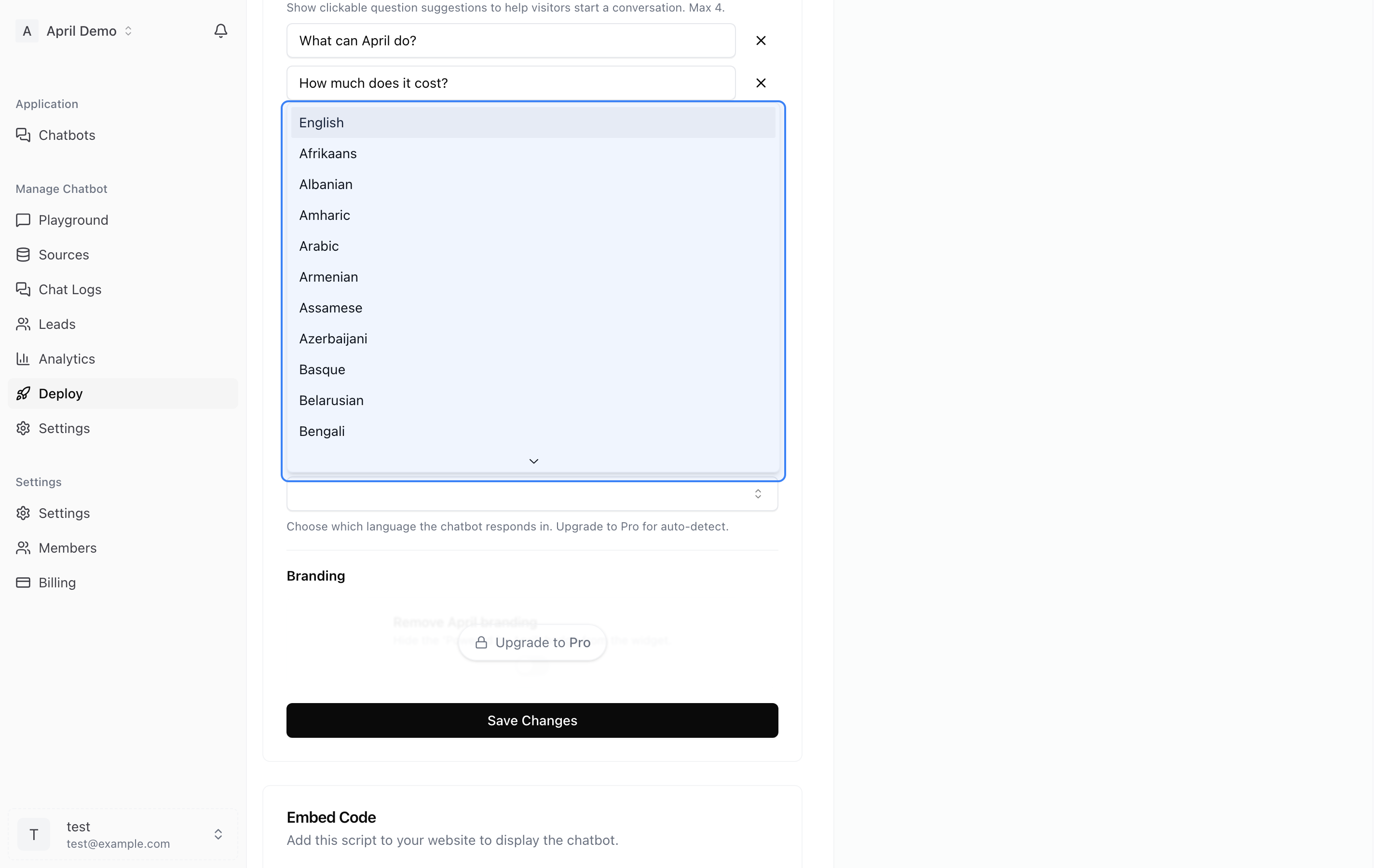 Language selector dropdown
