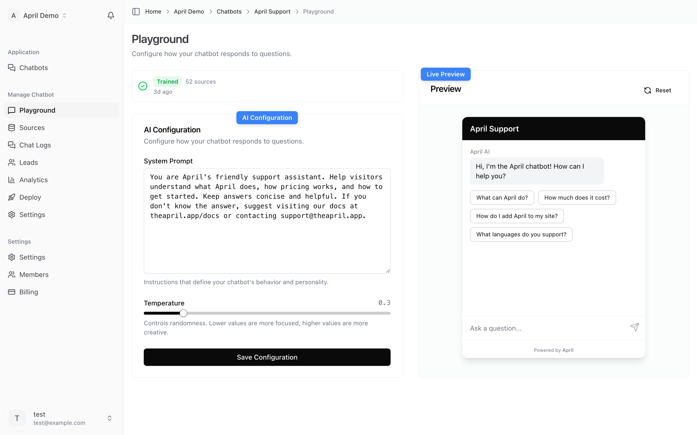 Playground — AI configuration on the left, live preview on the right