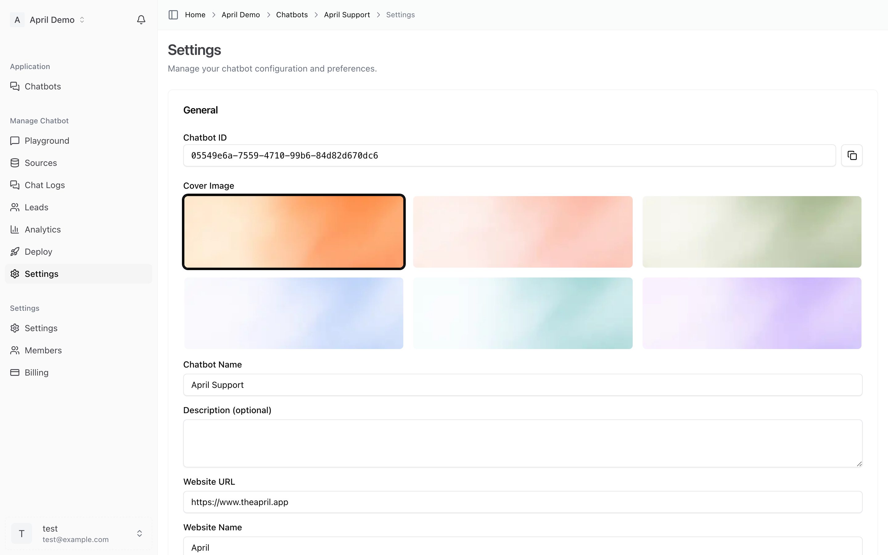 Settings page