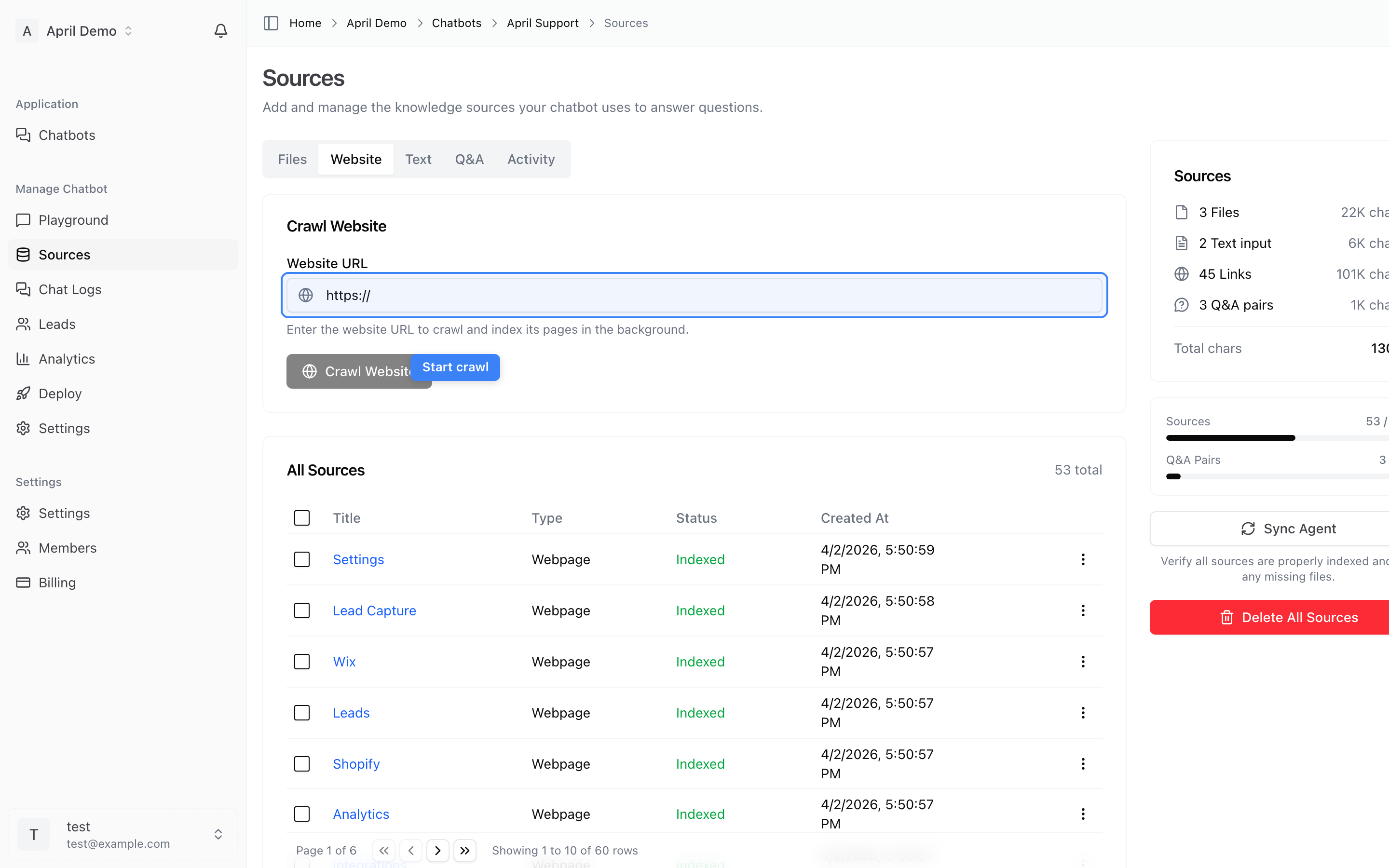 Website crawl setup