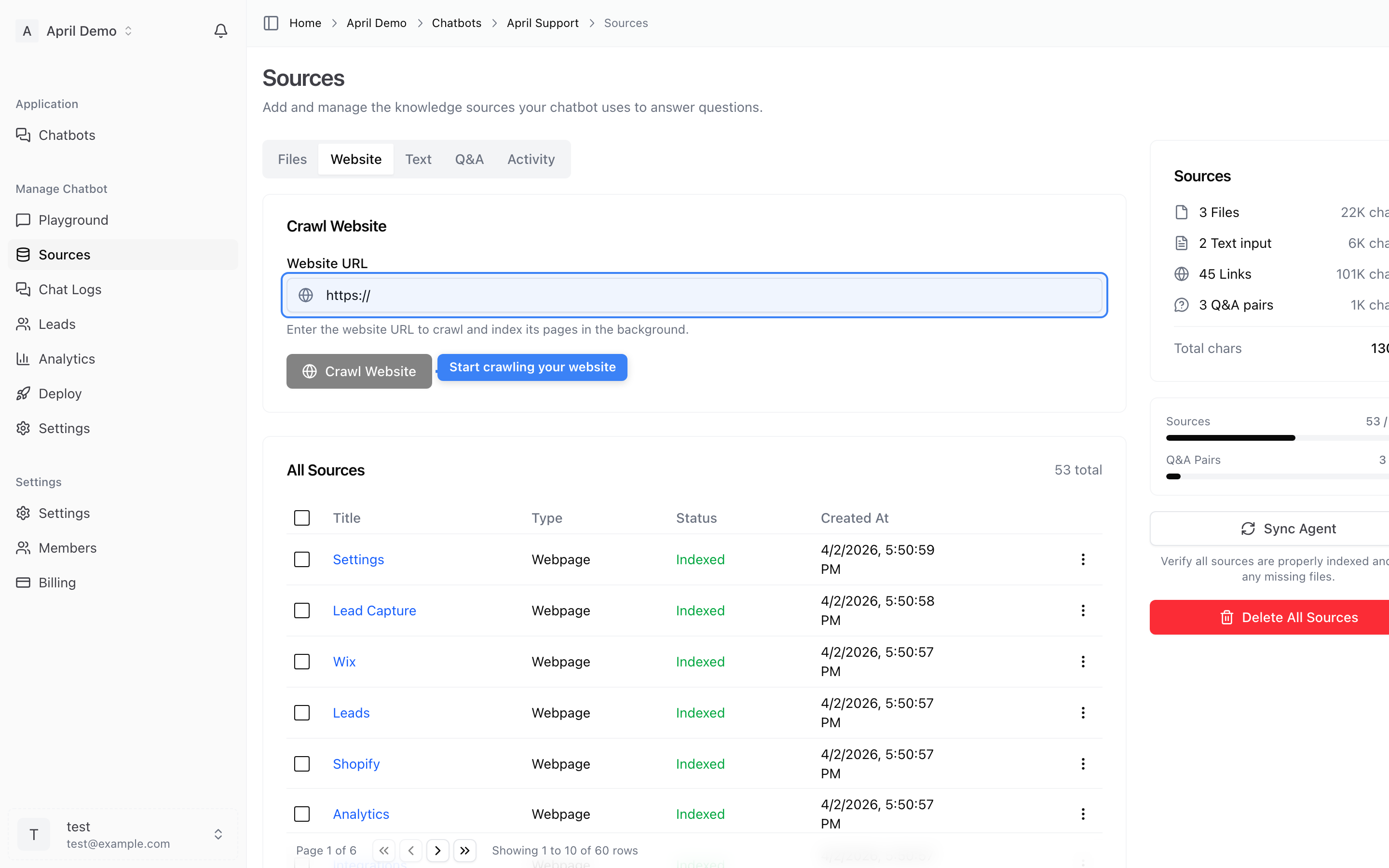 Website crawl setup