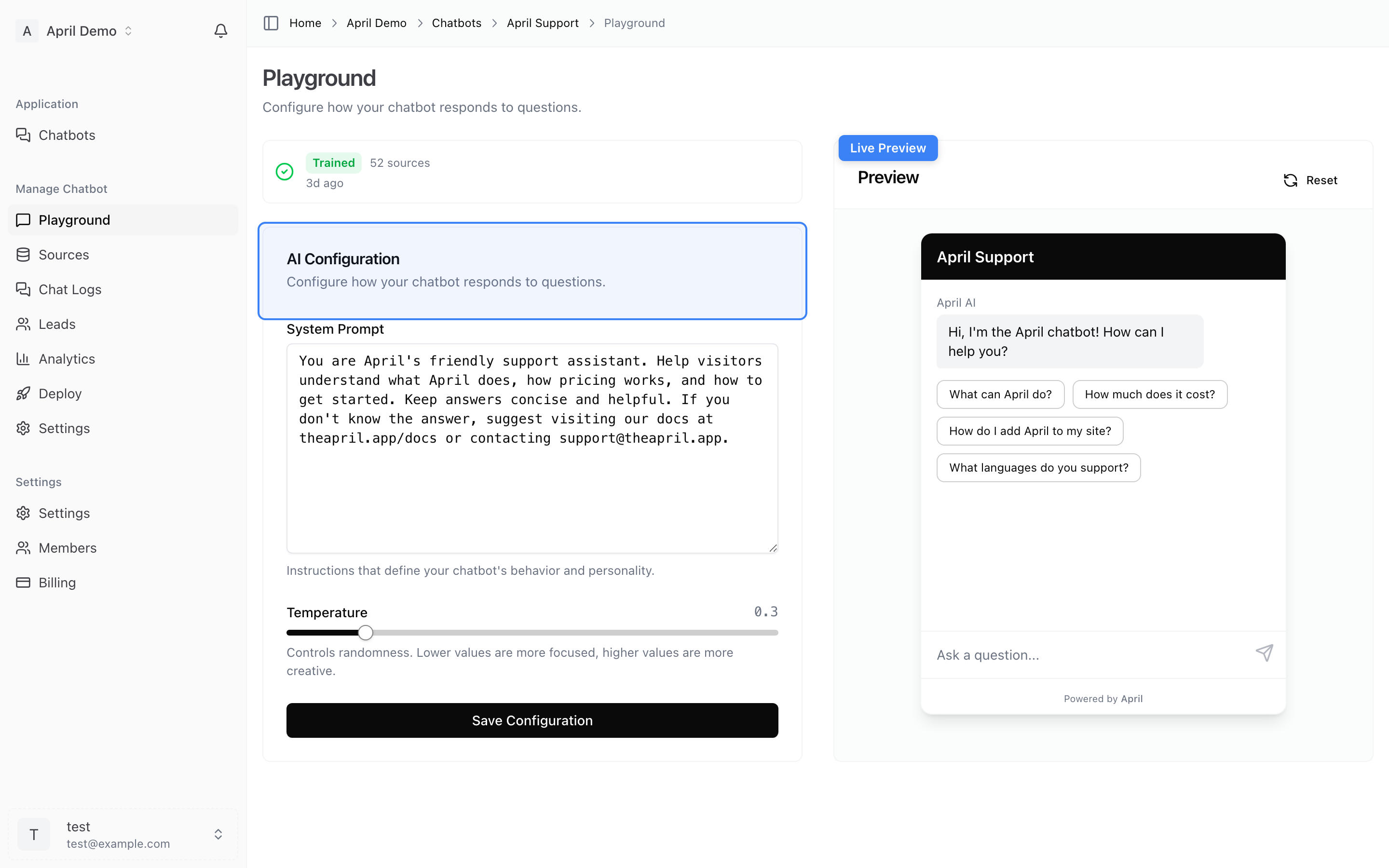 Playground — test your agent with live chat