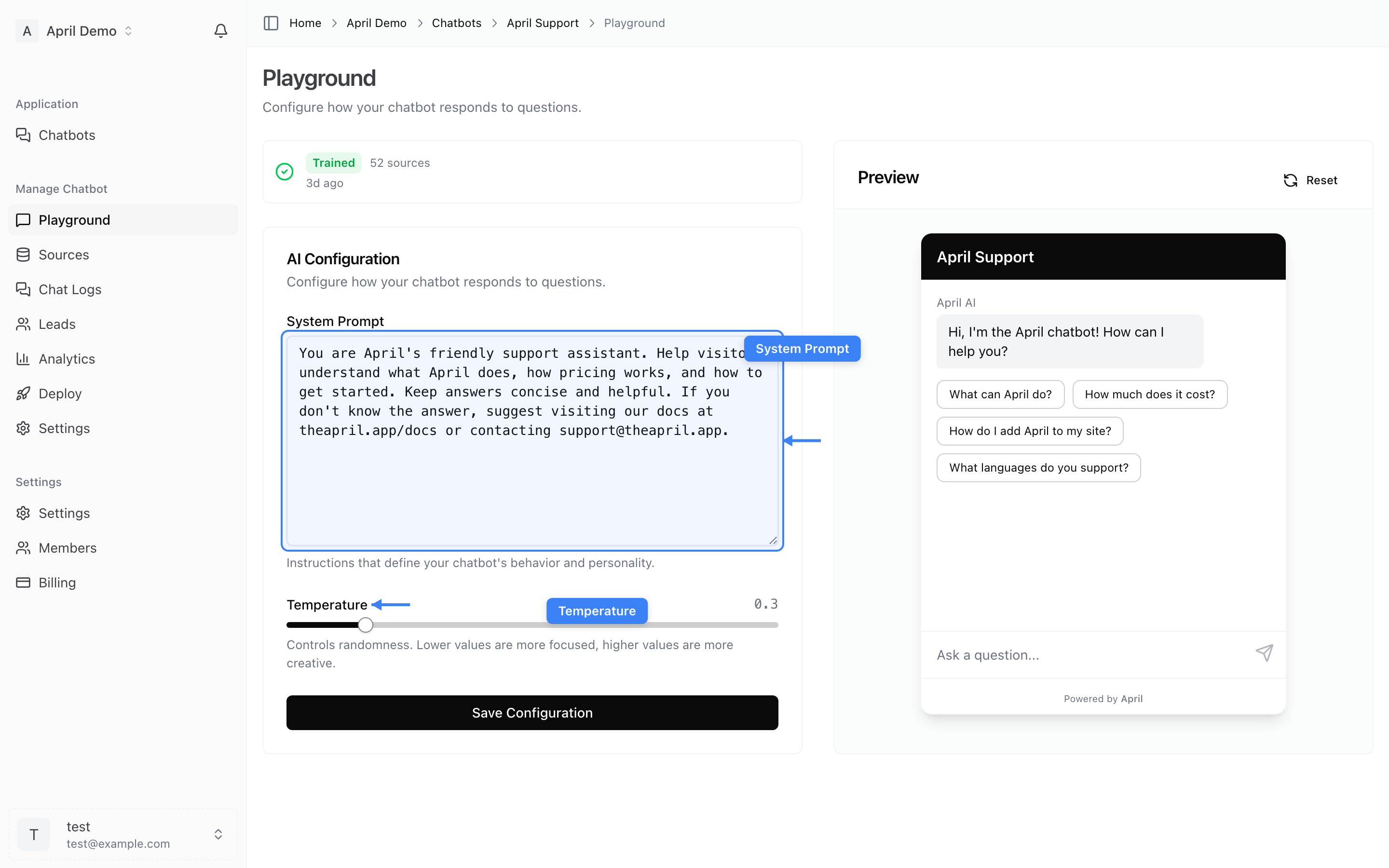 AI settings — system prompt and temperature
