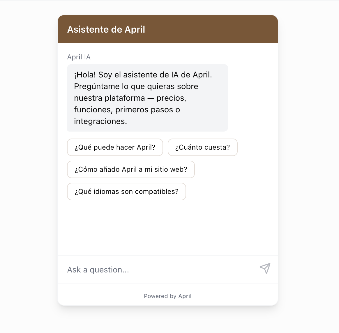 Localized widget with Spanish welcome message and suggested questions